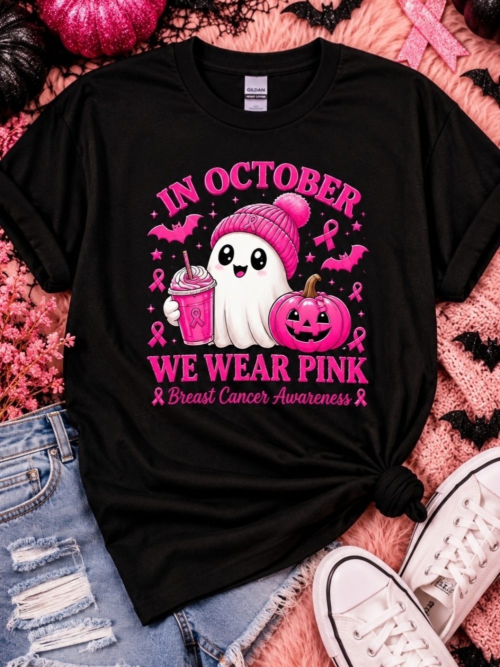 Breast Cancer Awareness Halloween Ghost Tee - We Wear Pink Tee Size XL!!